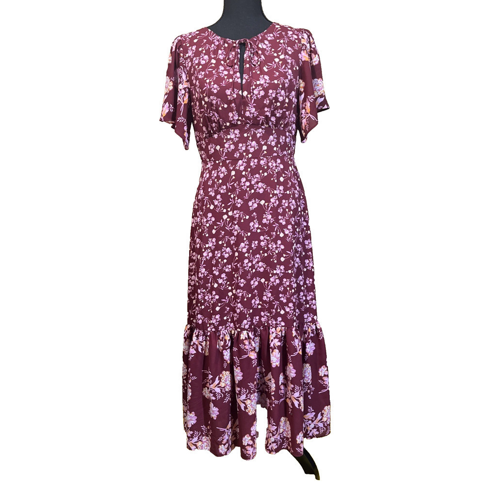 J.Crew Floral Tiered Midi Dress Women’s 2 Burgundy Red Cottagecore Peasant